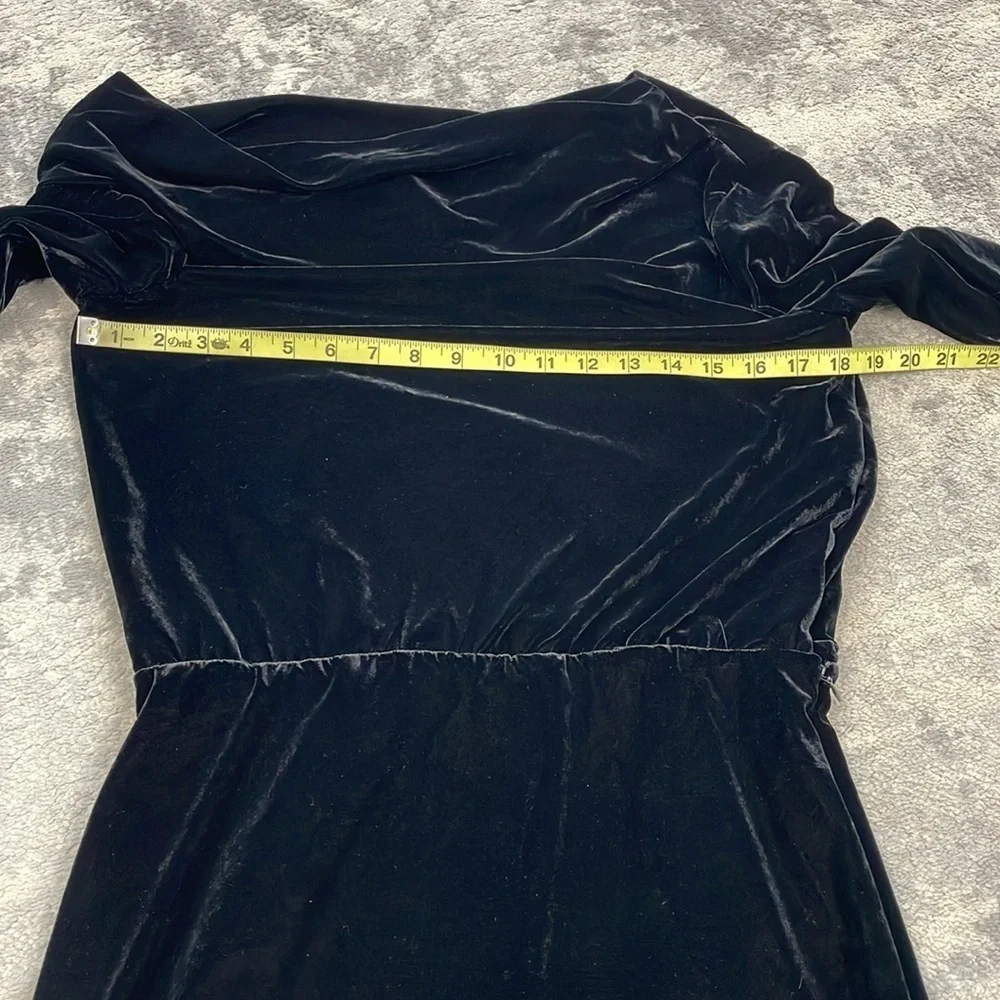 New Theory Asymmetrical Mini Dress in Stretch Velvet Black Off Shoulder Drape 8